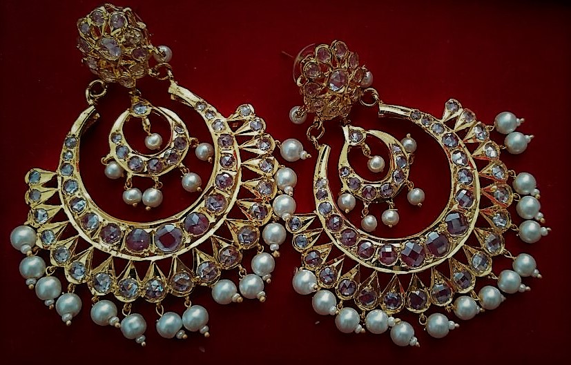 22K Gold Drop Earrings (Chand Bali) with Ruby, Emerald, Cz & Japanese  Pearls - 235-GER11034 in 21.900 Grams